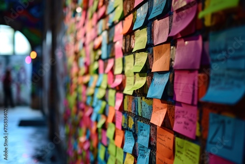 The office wall is a kaleidoscope of colored reminder stickers, reflecting the busy yet systematic nature of daily tasks and deadlines