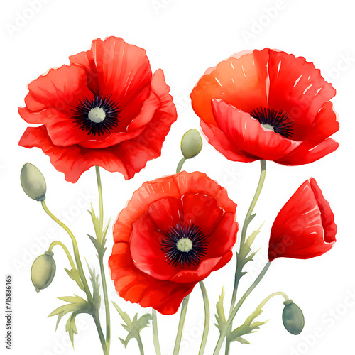 Red Poppies, watercolors, white background, delicate floral illustration, white background