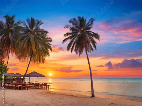 Two palm trees silhouette on sunset tropical beach