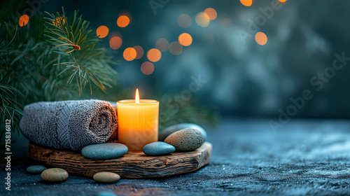 Spa still life with candles, stones and fir branch on dark background