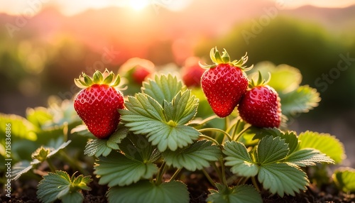 Strawberries on bush. Red ripe juicy strawberries growing on a bush. Healthy fresh fruits - healthy lifestyle