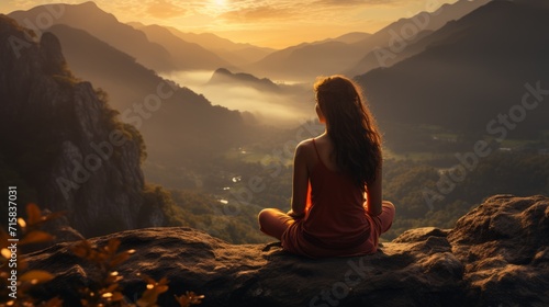 Yoga pose, woman practice yoga in a quiet environment, in the forest, mountains. Healthy Lifestyle, Fitness. With a natural backdrop, sunset. Yoga relaxation.