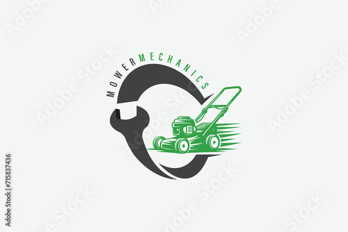 Mower mechanics logo with mower and wrench vector with catchy colors