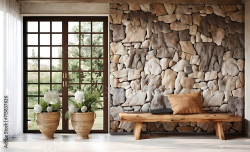 Wooden rustic bench near wild stone cladding wall against window. Farmhouse interior design of modern home entryway.