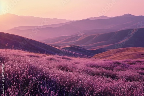 Rolling hills at sunrise with neon lavender veins in the grass,