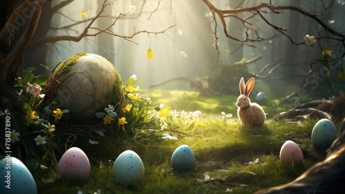 A haze sits in the sunlight or beams near a fallen tree inside the forest, a distance shot of a easter wallpaper with easter eggs 