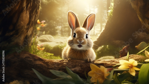 A easter bunny sits in the sunlight or beams near a fallen tree inside the forest, a medium shot of a nature background 