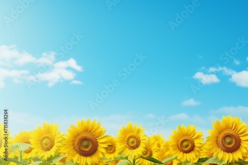 Sunflower field in full bloom under a clear sky, with a blank area for adding text.