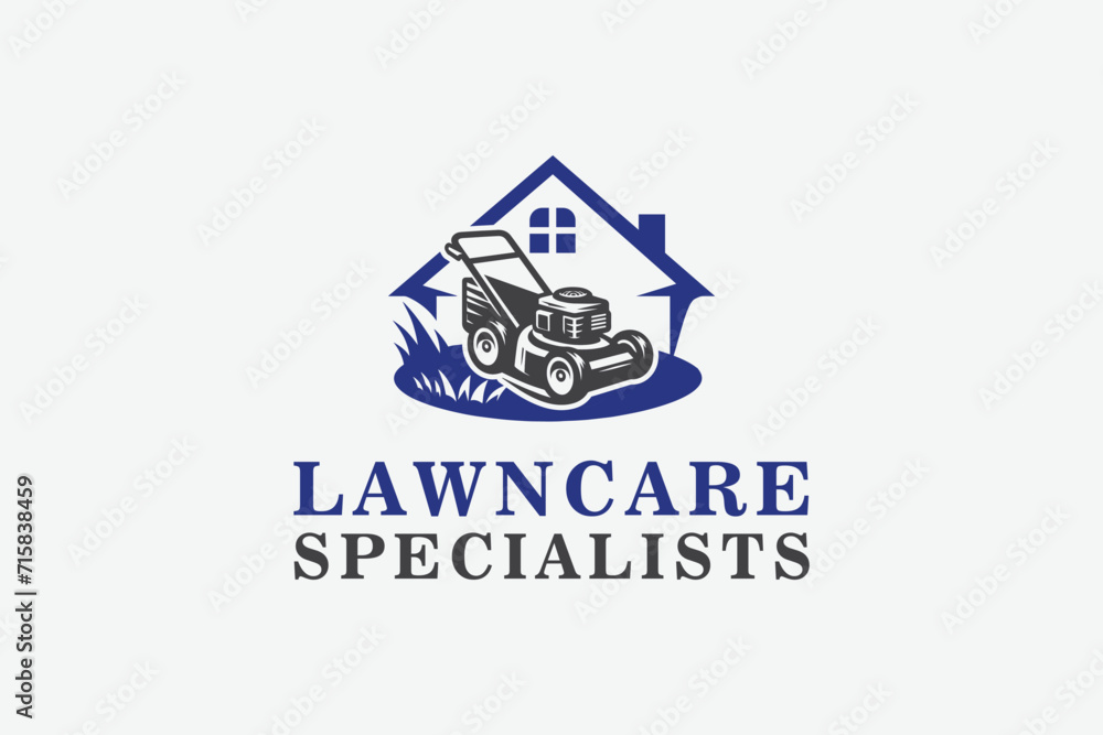 lawncare specialists, lawn mower vector logo with house in the background lawncare specialists, lawn mower vector logo with house in the background