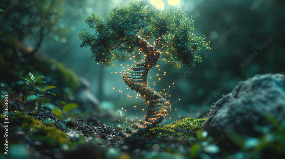 concept of green biotechnology or synthetic biology, graphic of plant with DNA. - obrazy, fototapety, plakaty 