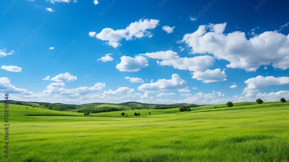 green field and blue sky. field and clouds