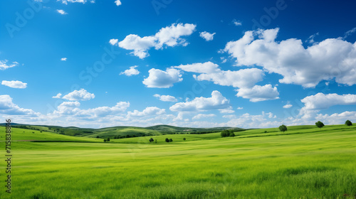 green field and blue sky. field and clouds