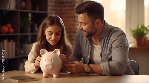 Happy family investing in their future by saving money together in a piggy bank