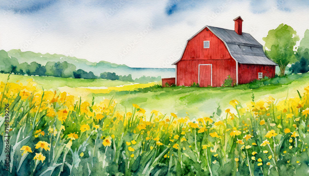 Fototapeta premium A red barn sitting in the middle of a lush green field next to a field of yellow wildflowers