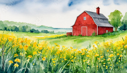 A red barn sitting in the middle of a lush green field next to a field of yellow wildflowers