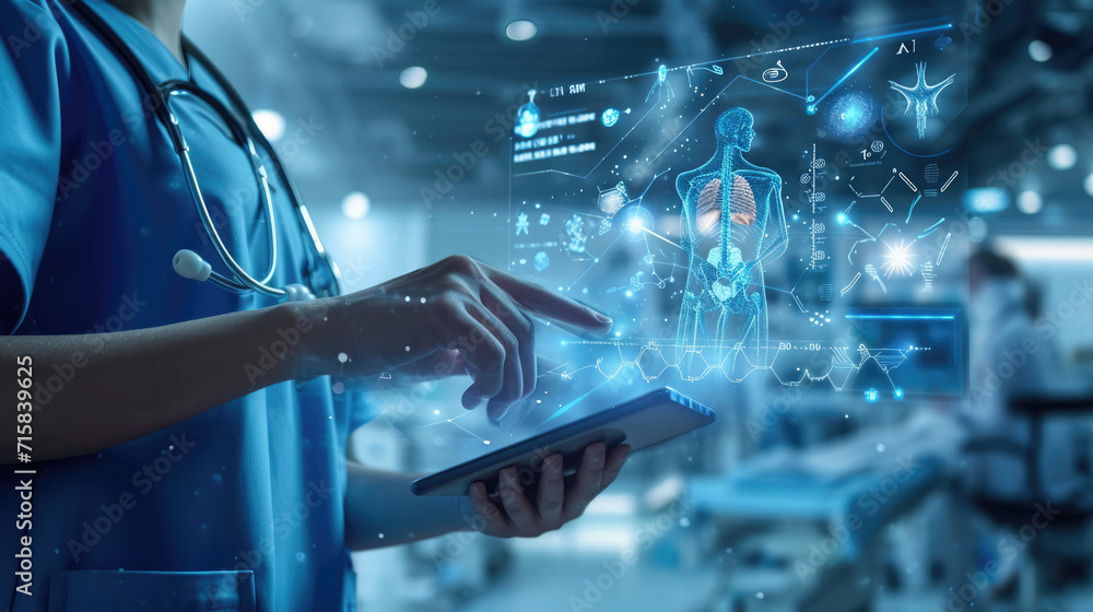 Healthcare professional is using a tablet that displays a holographic projection of a human