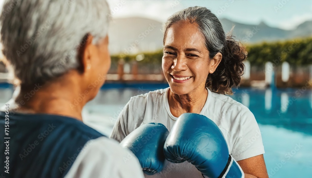 Senior woman boxer, displaying vitality and resilience, practicing with her coach. A confident expression of strength, active exercise, challenging stereotypes Senior woman boxer, displaying vitality and resilience, practicing with her coach. A confident expression of strength, active exercise, challenging stereotypes