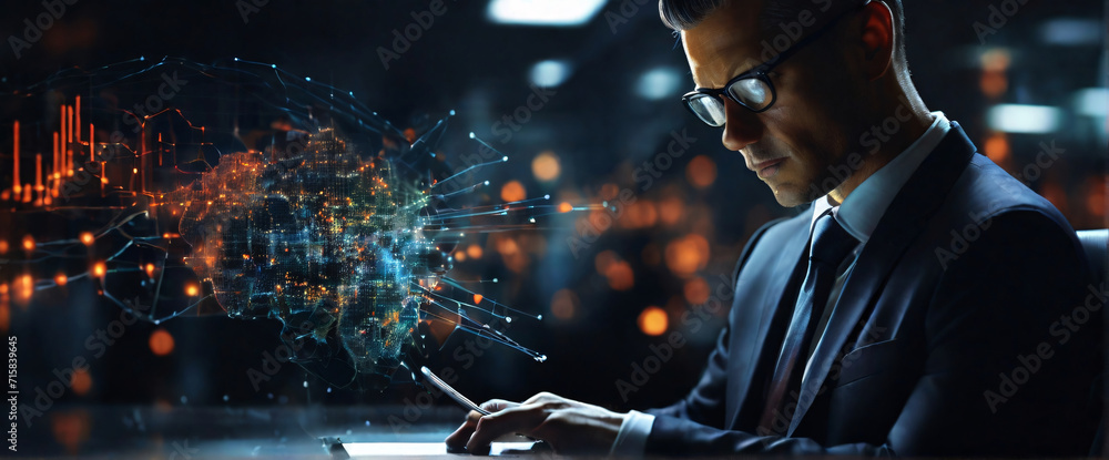 businessman using a tablet is in a sihouette double exposure. In the background is a flow of data showing various cyber threats and vulnerabilities. Stylish in the style of double exposure - obrazy, fototapety, plakaty 