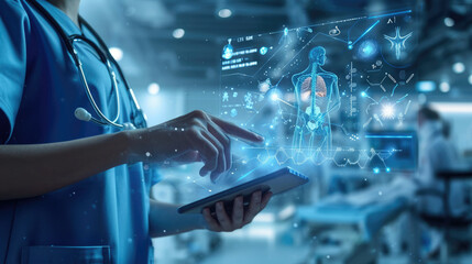 Healthcare professional is using a tablet that displays a holographic projection of a human anatomy model, showcasing various internal systems.
