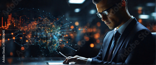 businessman using a tablet is in a sihouette double exposure. In the background is a flow of data showing various cyber threats and vulnerabilities. Stylish in the style of double exposure photo