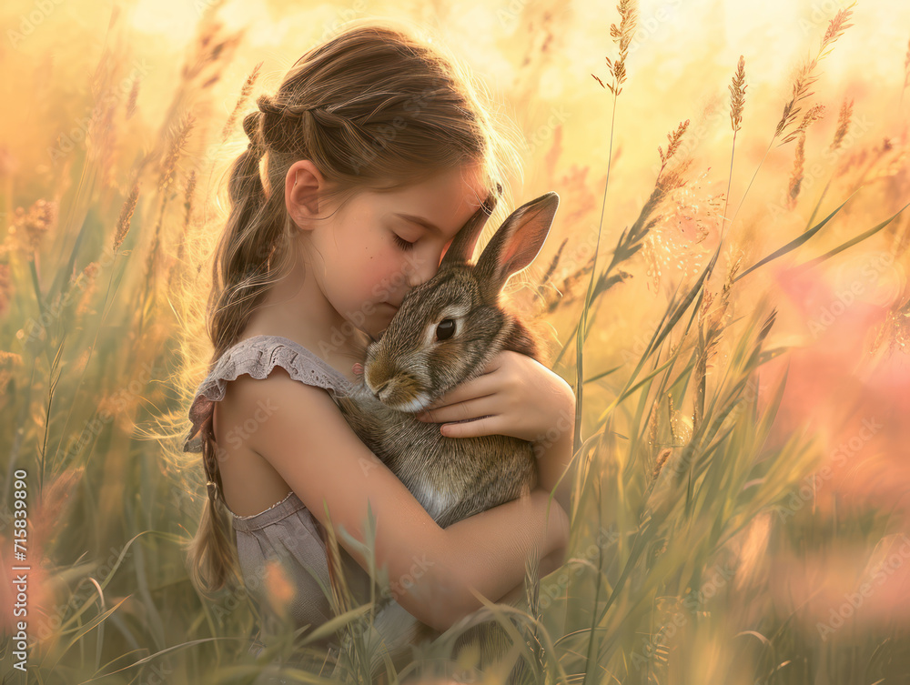 Beautiful little girl hugging rabbit in wheat field, affection and tenderness with pet Beautiful little girl hugging rabbit in wheat field, affection and tenderness with pet