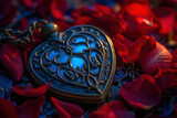 An antique heart-shaped locket with intricate designs, nestled amongst a bed of rose petals suitable for Valentine's Day jewelry promotions, historical romance novel covers, or vintage accessory
