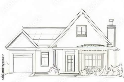 3D Architectural Model, sketch of modern cozy house Black line sketch on white background. House design, Interior Design, landscape Design Architecture Section. 