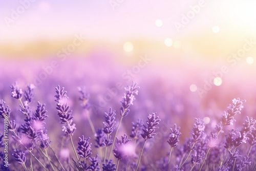 Sunlit field of lavender flowers with clear open space for text overlay.