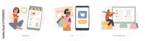 Online shopping isolated concept vector illustration set. Wishlist, buy, my orders list, add to shopping cart, product in stock, retail store, e-commerce website, user account vector concept.