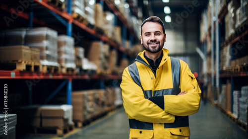 Professional man loader in warehouse with cardboard boxes of goods on shelves. Smiling uniformed bearded loader demonstrates his willingness, enthusiasm to do his job. Logistics, storage and delivery