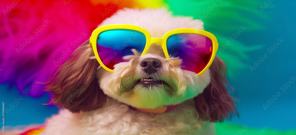 Cute dog with colorful sunglasses , symbolic of LGBTQ campaign.