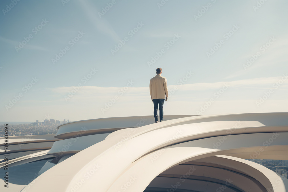 Obraz premium Man in Modern Attire on Sculptural Rooftop