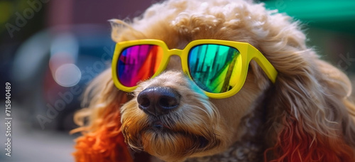 Cute dog with colorful sunglasses , symbolic of LGBTQ campaign.  © VSzili