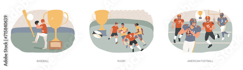 Team sport isolated concept vector illustration set. Baseball, rugby and american football, playing game, touchdown, sports betting, match ball, world cup, training field, uniform vector concept.