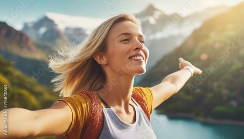 Radiant, carefree blonde woman, joyful expression, arms outstretched, breathing life, positivity, vitality, confidence photo