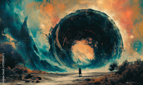 illustration of a fantasy landscape with a person in front of a spinning vortex