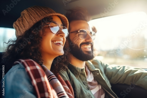 couple enjoys a sunny car ride, their smiles and laughter shining as bright as the day, encapsulating the joy of a shared journey photo
