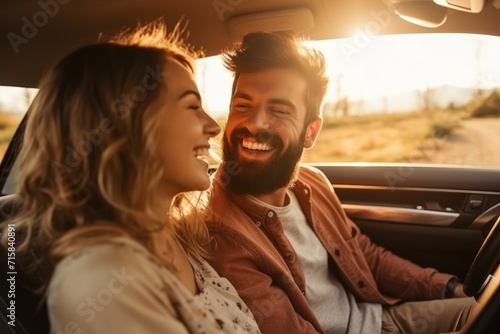 couple basks in the warm glow of a sunset drive, sharing a laugh that lights up their joyful journey © gankevstock