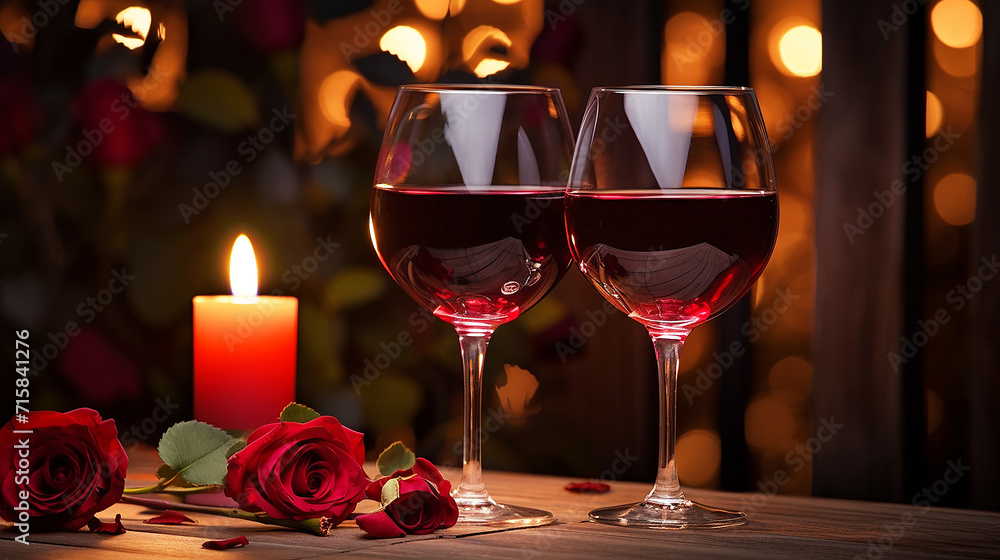 Two glasses of red wine on a wooden restaurant table with candles and red rose petals, romantic valentines day dinner date love and passion Two glasses of red wine on a wooden restaurant table with candles and red rose petals, romantic valentines day dinner date love and passion