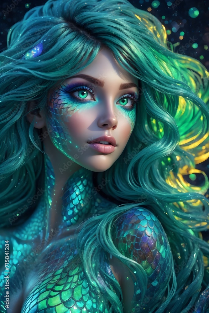 Meerjungfrau mit smaragdgrünen Haaren und Gesichtsbemalung