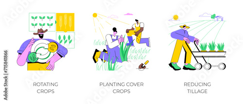 Sustainable agriculture practices isolated cartoon vector illustrations set. Rotating and planting cover crops  reducing tillage for soil protection  organic farming industry vector cartoon.