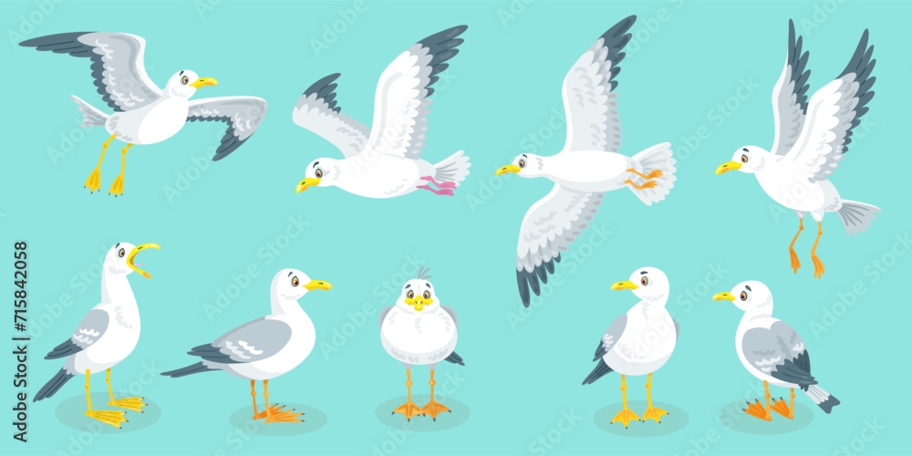 Fototapeta premium Set of white seagulls in different poses. They sit and fly. In cartoon style. Isolated on blue background. Vector flat illustration