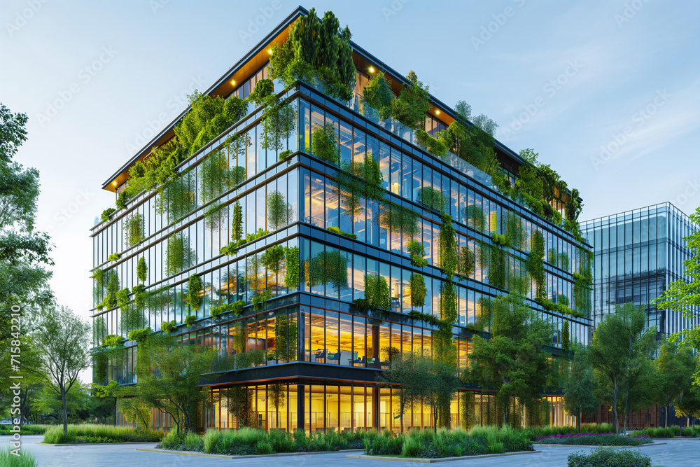 A Modern City Embracing Eco-Friendly Architecture - A Sustainable Glass Office Building Adorned with Trees for CO2 Reduction and Energy Efficiency, Radiating Environmental Harmony in the Evening Glow