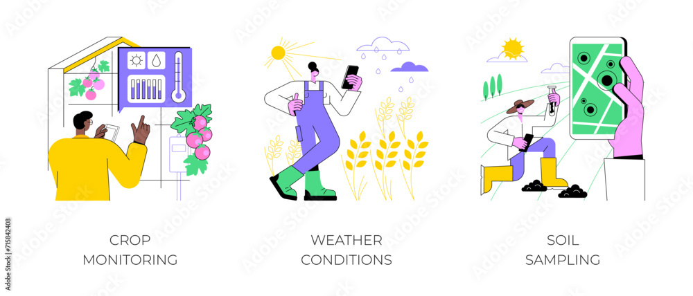 Sensors use in agriculture isolated cartoon vector illustrations set. Crop monitoring, weather conditions control, soil sampling, sensor of humidity and temperature, smart farming vector cartoon.