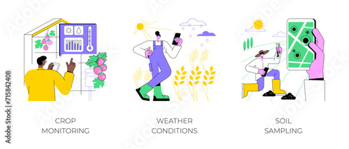 Sensors use in agriculture isolated cartoon vector illustrations set. Crop monitoring, weather conditions control, soil sampling, sensor of humidity and temperature, smart farming vector cartoon.