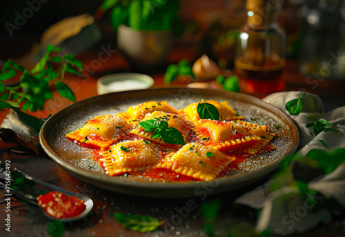 Ravioli with tomato sauce  parmesan cheese  and basil on a plate