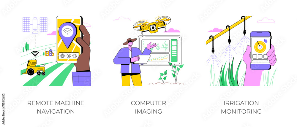 Internet Of Things in agriculture isolated cartoon vector illustrations set. Remote machine navigation, computer imaging, irrigation monitoring, sensor control, smart farming vector cartoon.