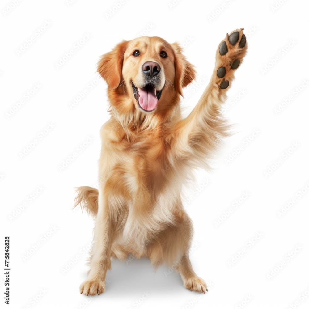 Animals pets dog  - Funny cute crazy standing golden retriever dog who holds his paw up and sticks out his tongue, isolated on white background