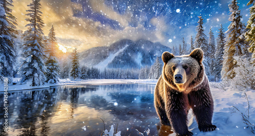 presence of a bear in a winter wonderland