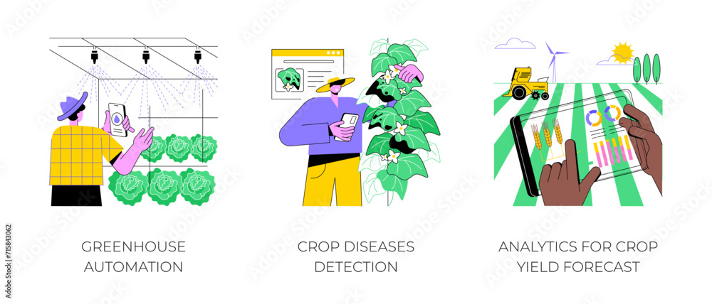 Smart technologies for modern farming isolated cartoon vector illustrations set. Greenhouse automation, crop diseases detection, analytics for crop yield forecast, data analysis vector cartoon.